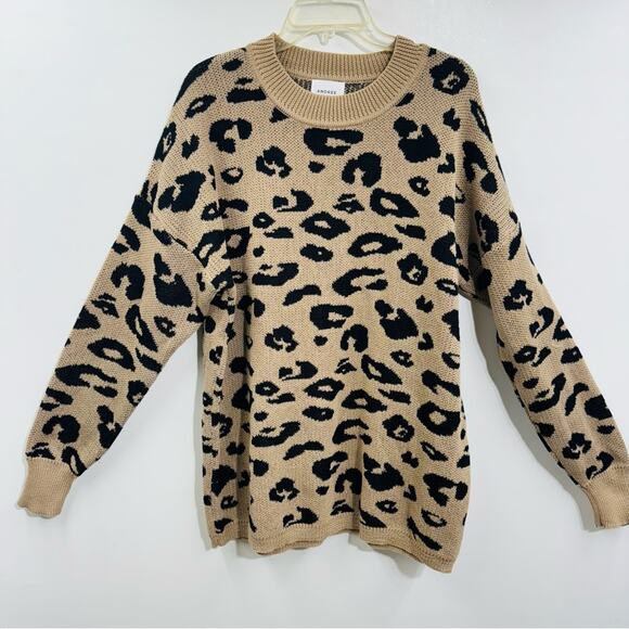 Andree by Unit Sweater Tan Black Leopard Animal Print Knit Pullover Sz M  New - Picture 1 of 10